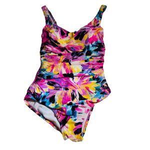 Maxine Hollywood SwimSuit Floral Watercolor Black Pink Sz 8 Resortwear Slimming